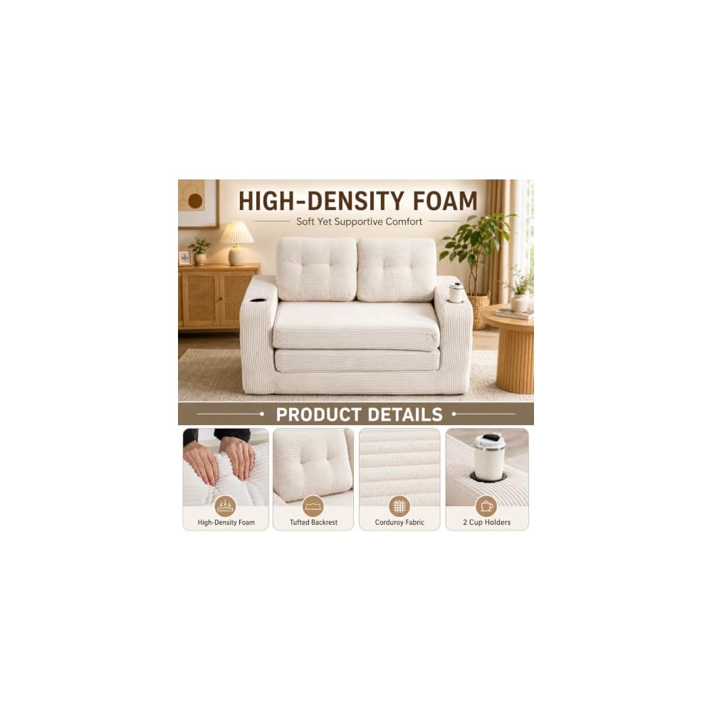 Convertible Sofa Bed, 2-in-1 Pull-Out Loveseat Sleeper with Pillows, Cup Holders and Side Pockets, Corduroy Folding Floor Couch for Small Spaces,Beige