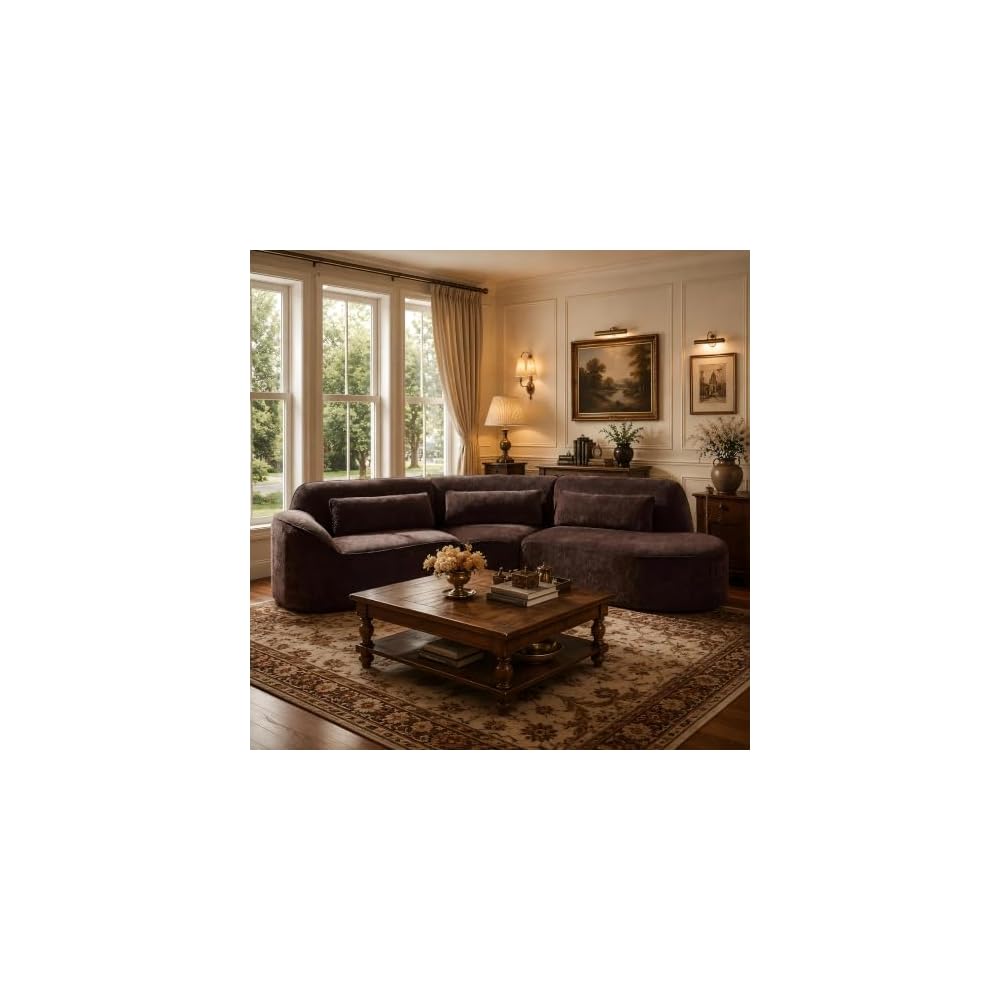 Merax 123.23" Curved Polyester Sectional Sofa Set, Modern Cloud Couch with Chaise Lounge & Right Hand Facing, High-Density Fully Compressed Sponge, Fully Assembled for Living Room, Dark Brown