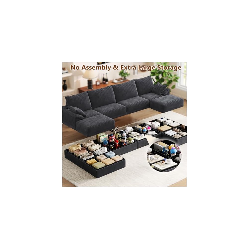 142" Modular Sectional Sofa Boneless Couch with Storage,U-Shape 4 Seat Comfy Modern Couch Sofa with Chaise, 27" Deep Seat Corduroy Sofa for Living Room, Tool-Free Assembly - Dark Grey