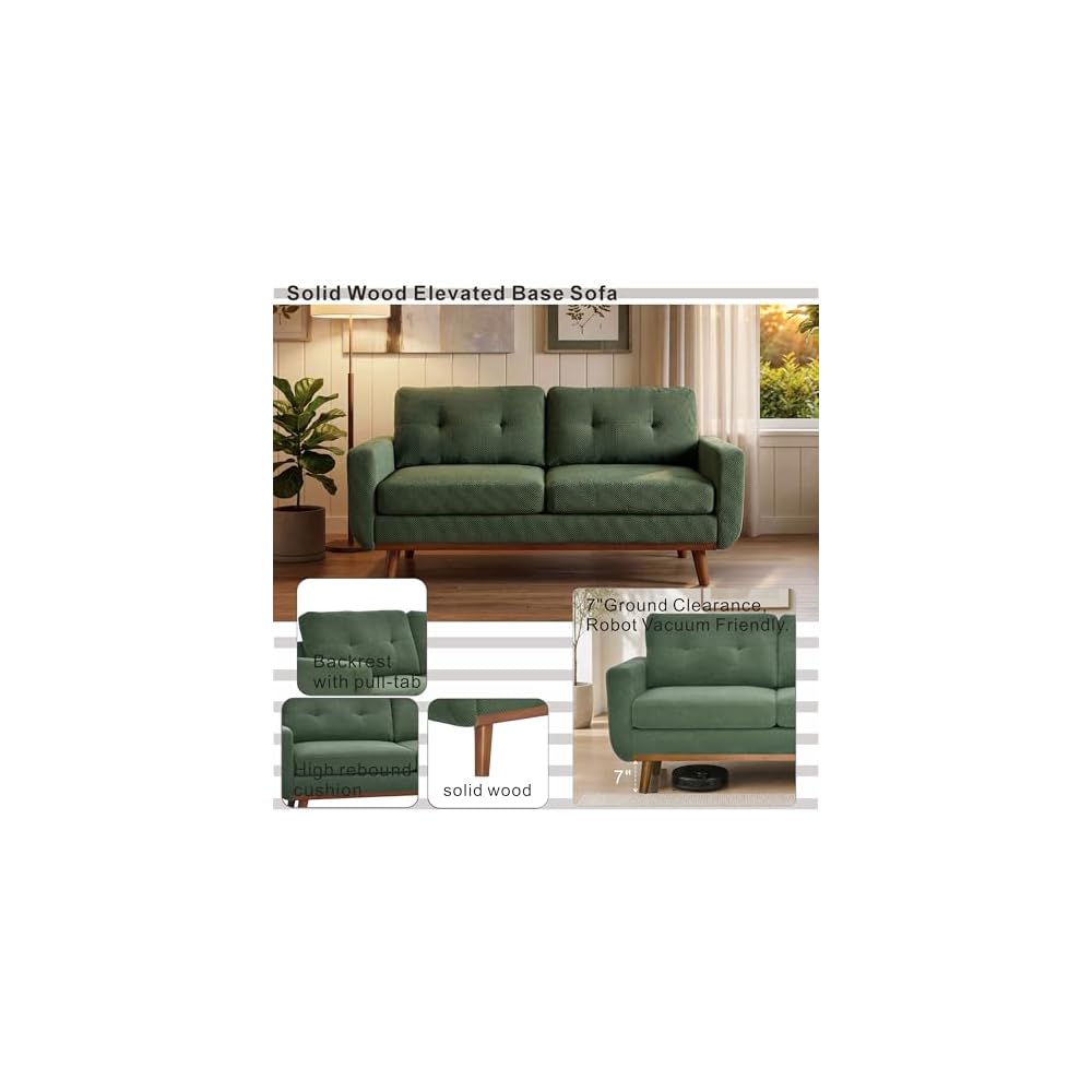 KEIKI 65" Upholstered Sofa, Corner Couch, 2 Seat Comfortable Couch with Solid Wood Legs for Living Room, Apartment, Office, Dark Green