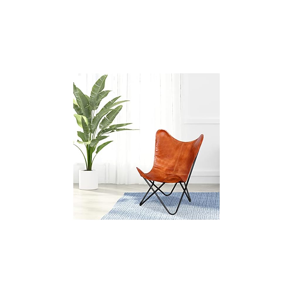 Brown Butterfly Chair-Leather-Handmade-Foldable, Solid Iron Frame-Industrial Lounge Chair