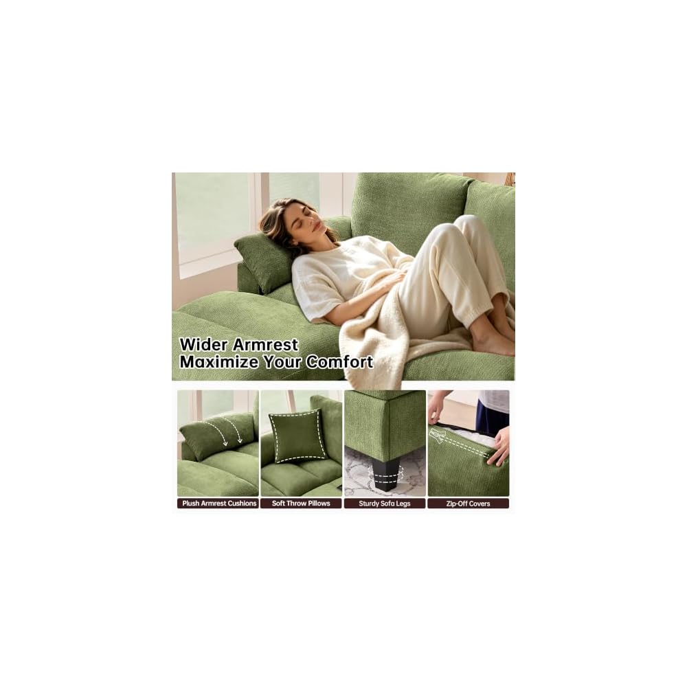 116" U Shaped Couch with with Double Chaise Lounges & Storage Console, Sectional Sofa Set with Storage Ottoman | USB Charging Ports, 4-Seat Couch with Cup Holder, Modern Couches for Living Room, Green