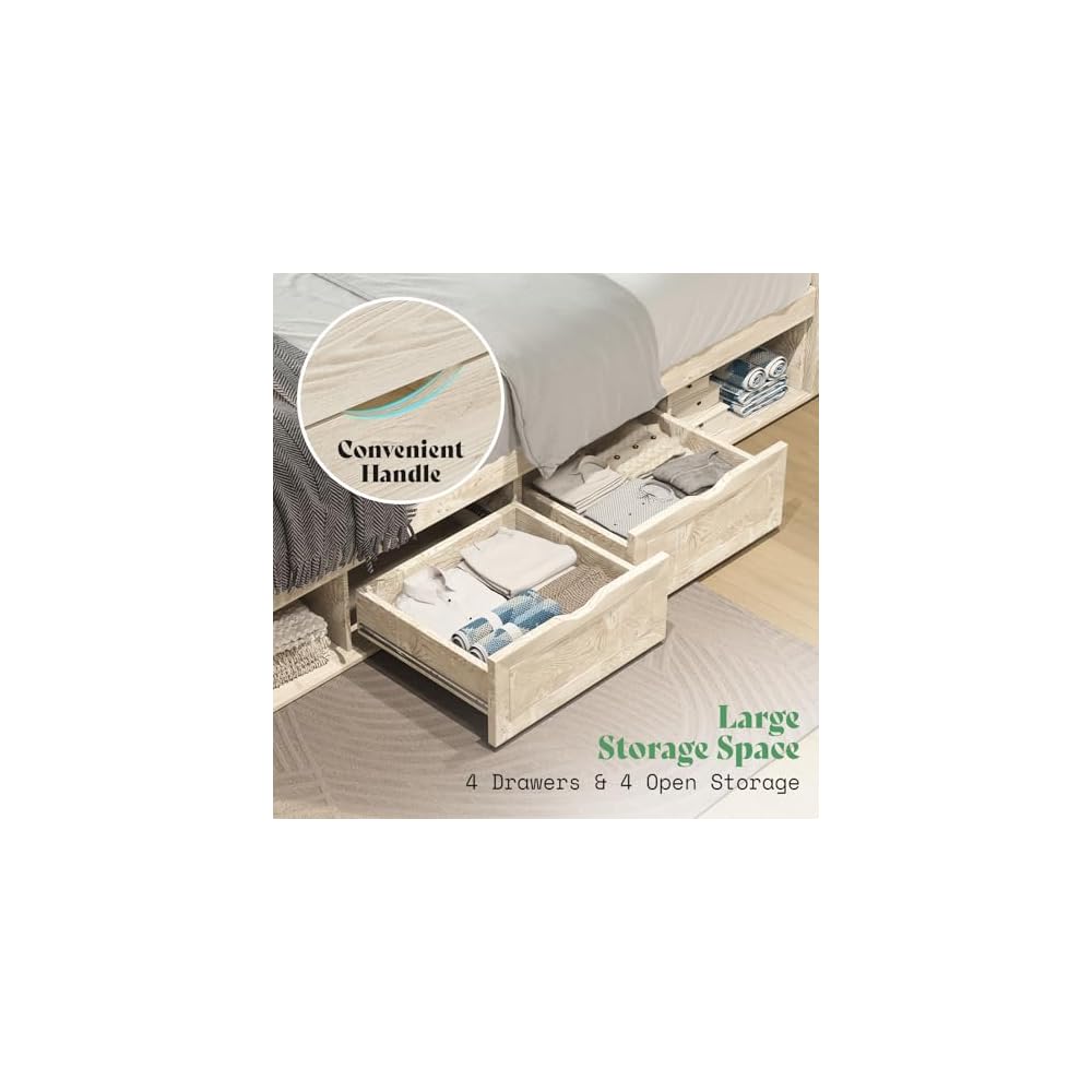 AMERLIFE Queen Farmhouse Bed Frame with 4 Drawers & Open Storage
