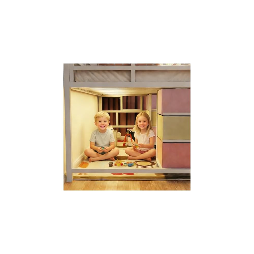 Low Loft Bed Twin Size with Stair,9 Drawers,Guardrail,LED Light,White