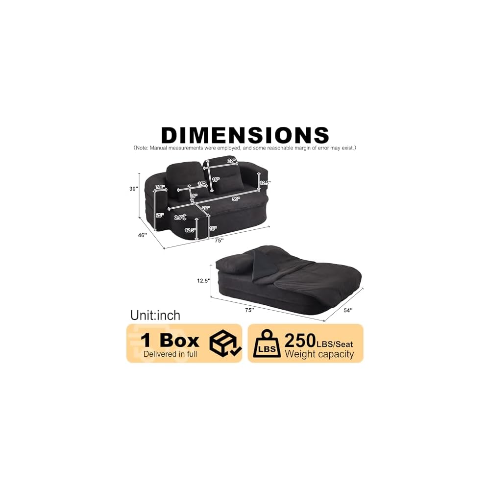 75'' Chenille Convertible Floor Couch, 2‑in‑1 Sleeper Sofa Bed