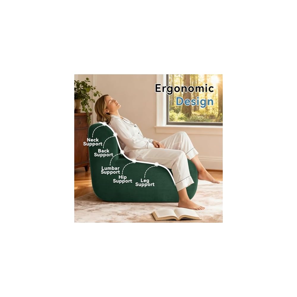 Small Boneless Chair for Living Room,Single Floor Chair,Corduroy Fireside Bean Bag Chairs,Memory Foam Lounge Sofa Chairs for Bedroom, Couch in a Box,Deep Green
