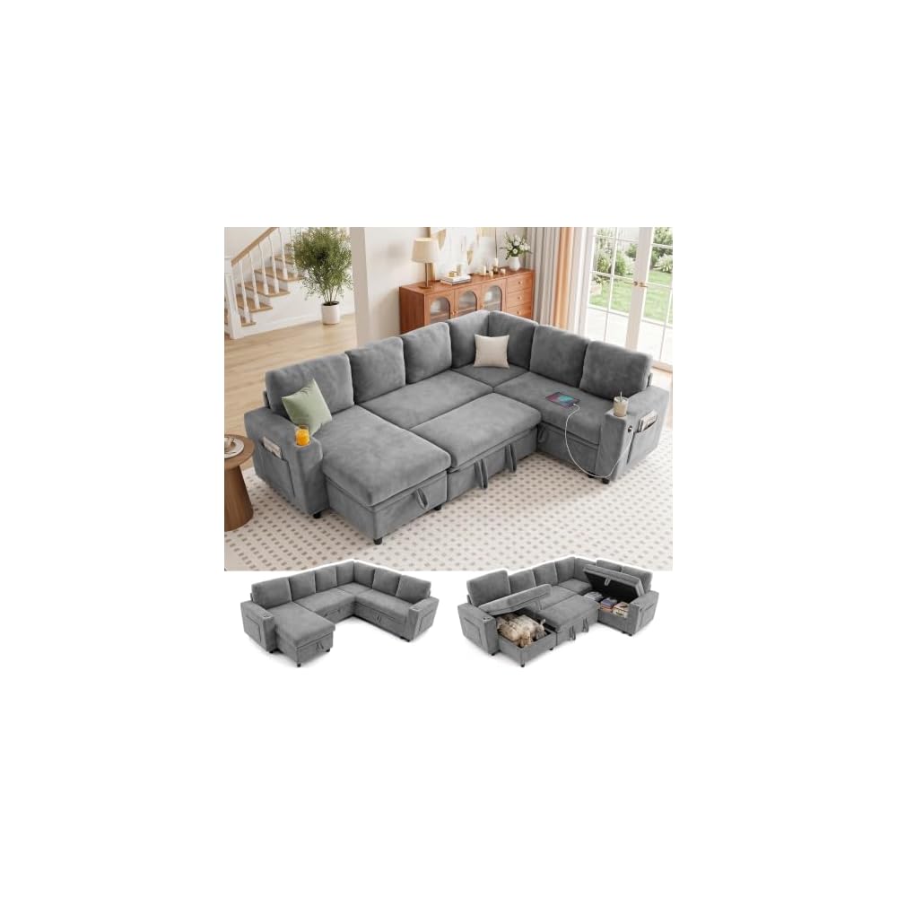 L-Shaped Sectional Sleeper Sofa with Pull Out Bed, 7-Seat, Grey