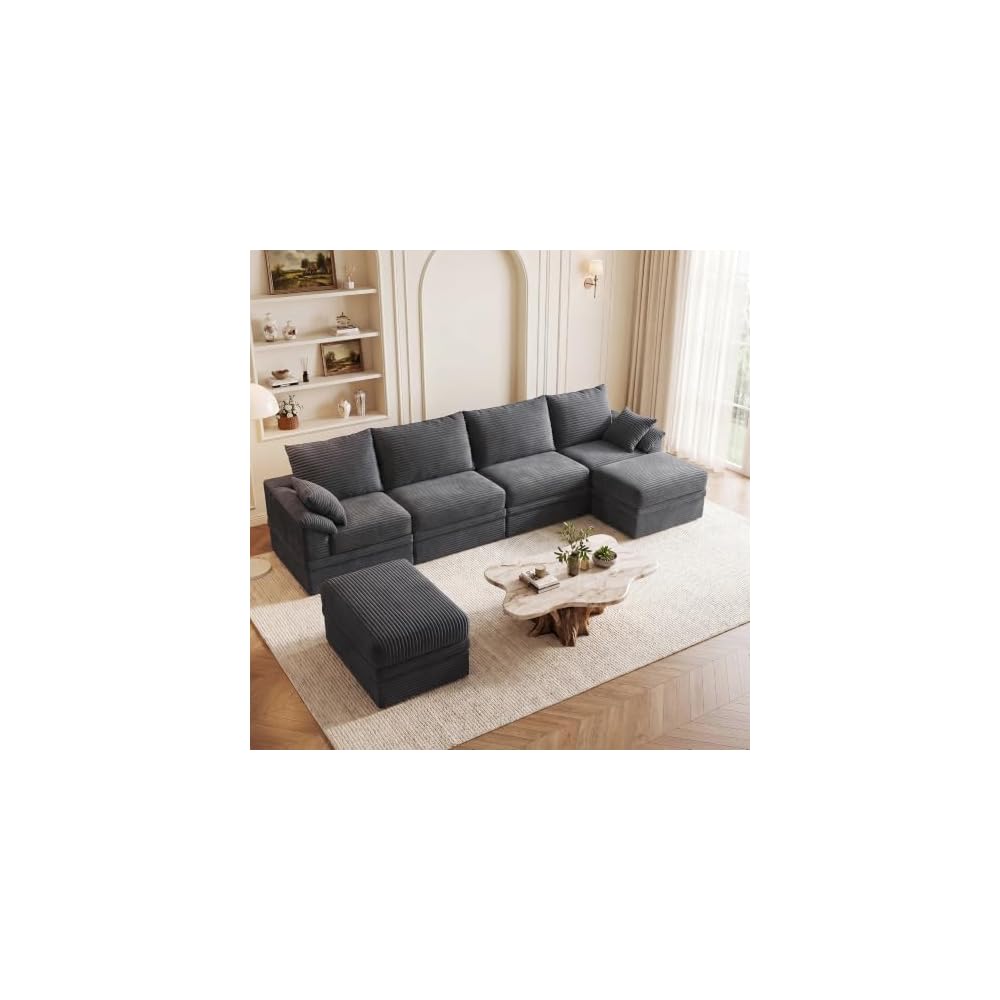 142" Modular Sectional Sofa Boneless Couch with Storage,U-Shape 4 Seat Comfy Modern Couch Sofa with Chaise, 27" Deep Seat Corduroy Sofa for Living Room, Tool-Free Assembly - Dark Grey