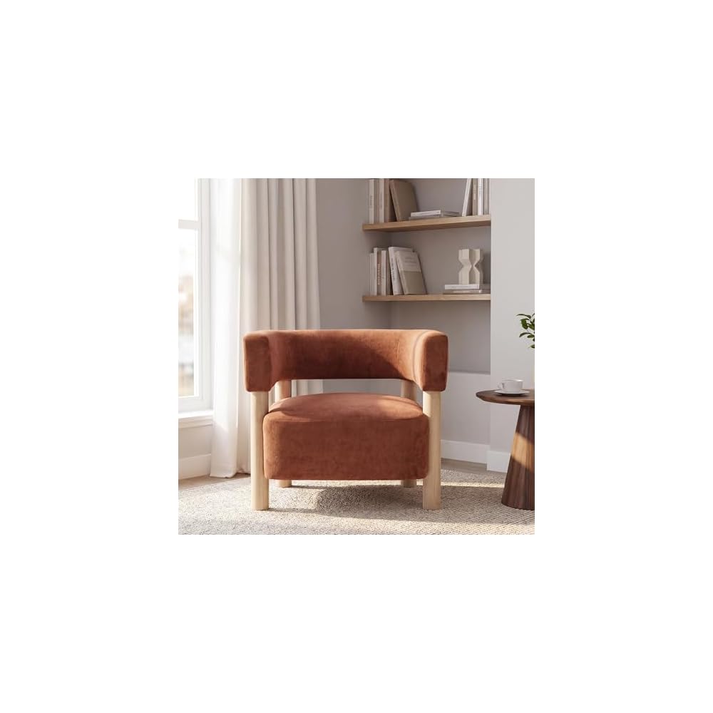 Christopher Knight Home Carly Low Profile Accent Chair, Boucle Upholstered Barrel Chair, Comfy Reading Chair for Bedroom, Wooden Single Lounge Sofa, Burnt Orange