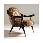 Retro Patterned Velvet Accent Chair with Black Wood Frame and Gold Details