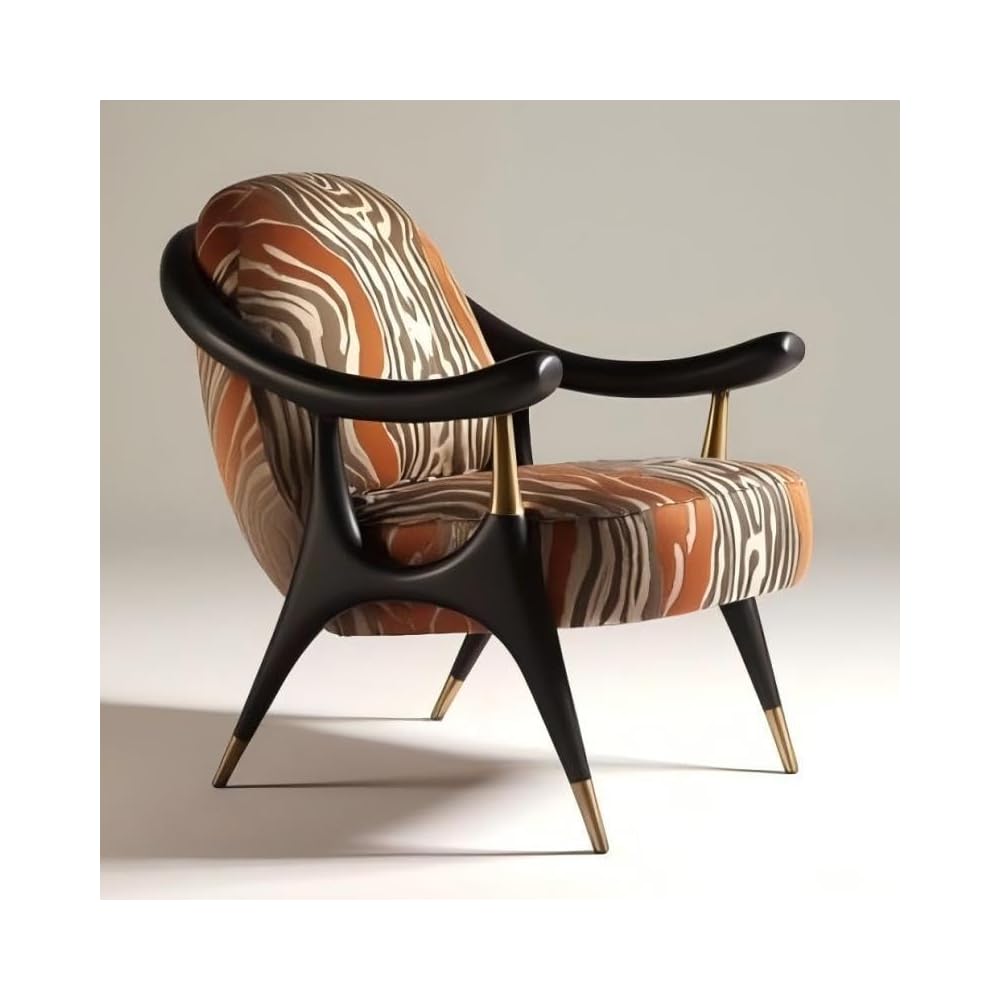 Retro Patterned Velvet Accent Chair with Black Wood Frame and Gold Details