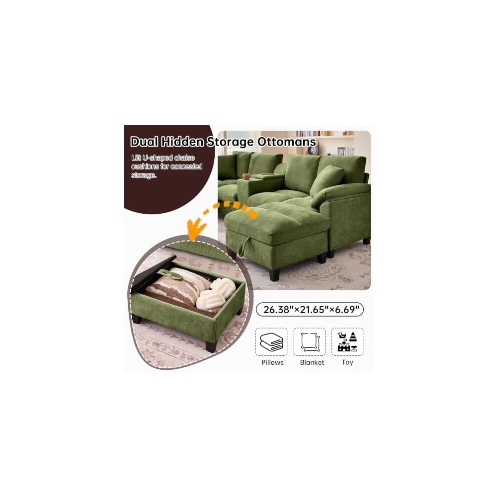 116" U Shaped Couch with with Double Chaise Lounges & Storage Console, Sectional Sofa Set with Storage Ottoman | USB Charging Ports, 4-Seat Couch with Cup Holder, Modern Couches for Living Room, Green