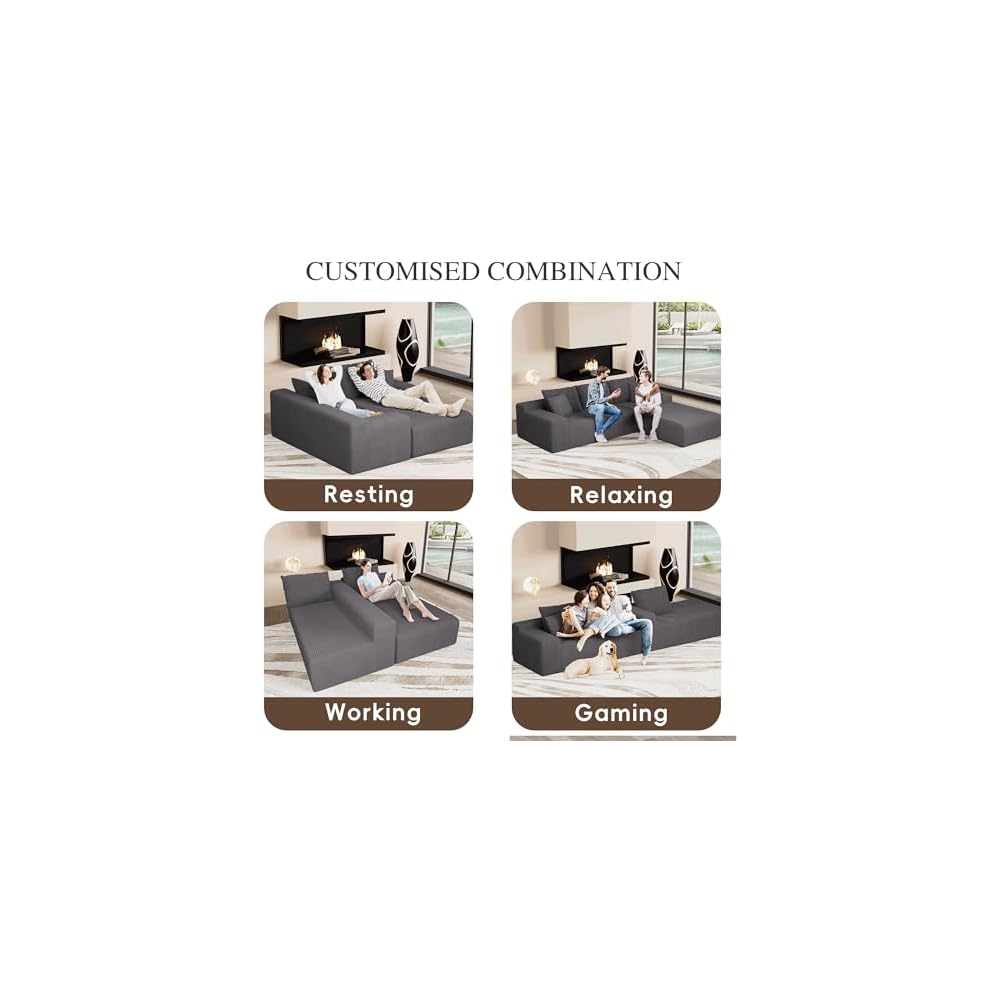 NAYA 106” Modular Sectional Sofa, Cloud Sectional Couch with Deep Seat, Modern Modular L-Shape Sofa Boneless Couch with Chaise for Living Room Bedroom (Grey, Right Facing Chaise)