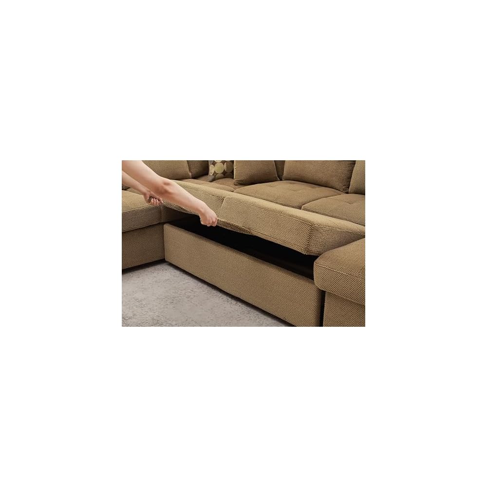 THSUPER 123'' Sectional Sleeper Sofa Couch with Pull Out Bed, Oversized Sleeper Sectional Couches with Storage Chaise U Shape Sofas for Living Room, Brown