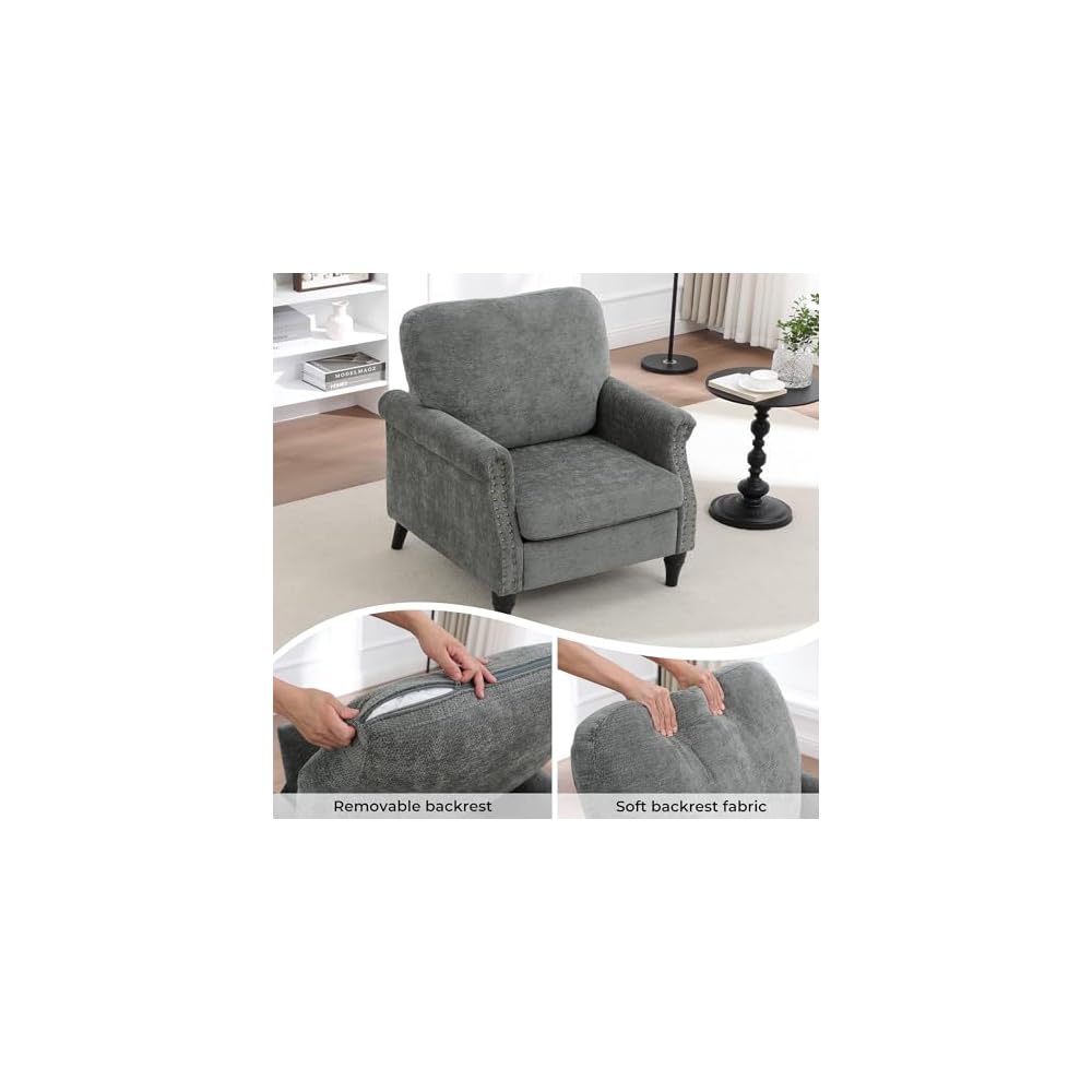 Accent Chair for Living Room, Modern Mid Century Reading Chair Armchair High Back Upholstered Armchair with Wooden Legs for Living Room Bedroom Office (LIGHTGREY, 1pcs)