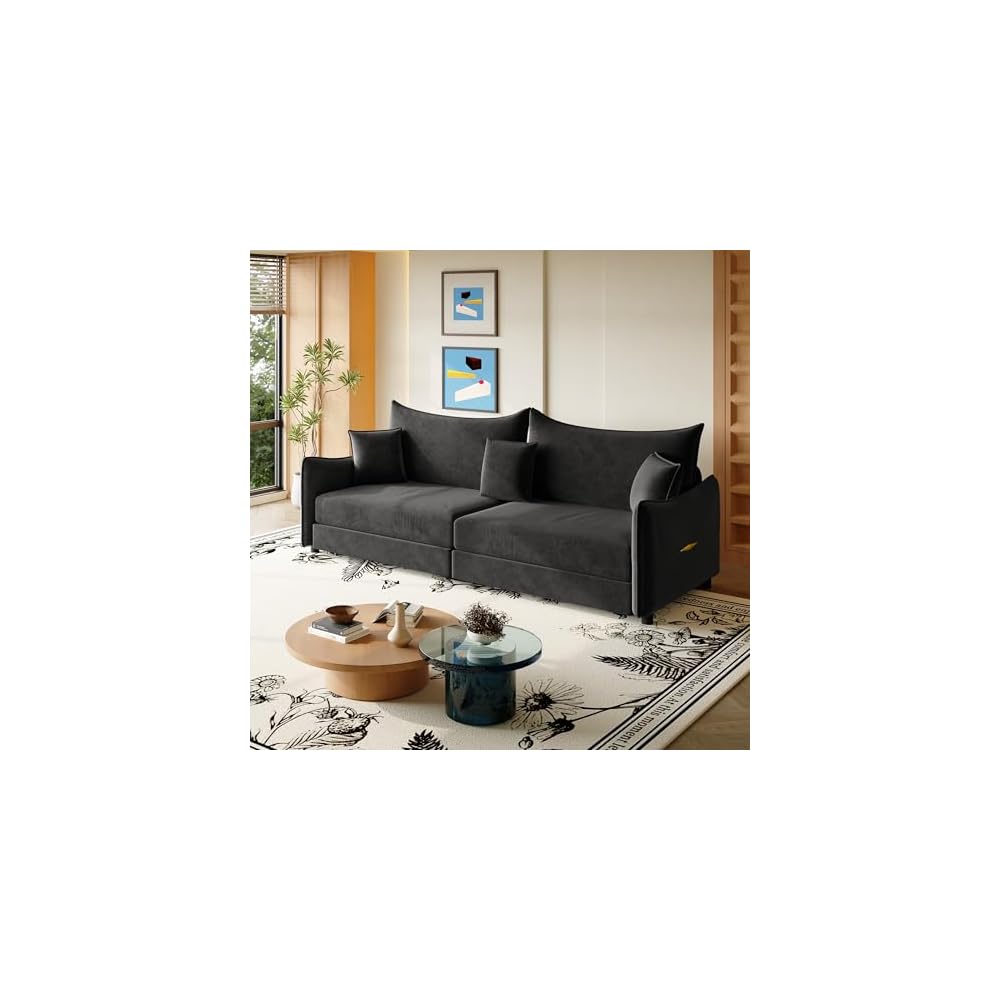 81.9" King Pull Out Sofa Bed,3-in-1 Convertible Sofa Bed with 3 Pillows & Golden Accent Detail Design, Modern Velvet 3-Seater Couch,for Small Space,Living Room,Apartment