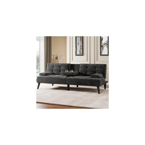 64" Futon Sofa Bed, 64" Convertible Loveseat with 2 Cup Holders, Small Couch with 3 Adjustable Angles & Removable Armrest, Sleeper Sofa for Apartment, 5.3 FT, Black