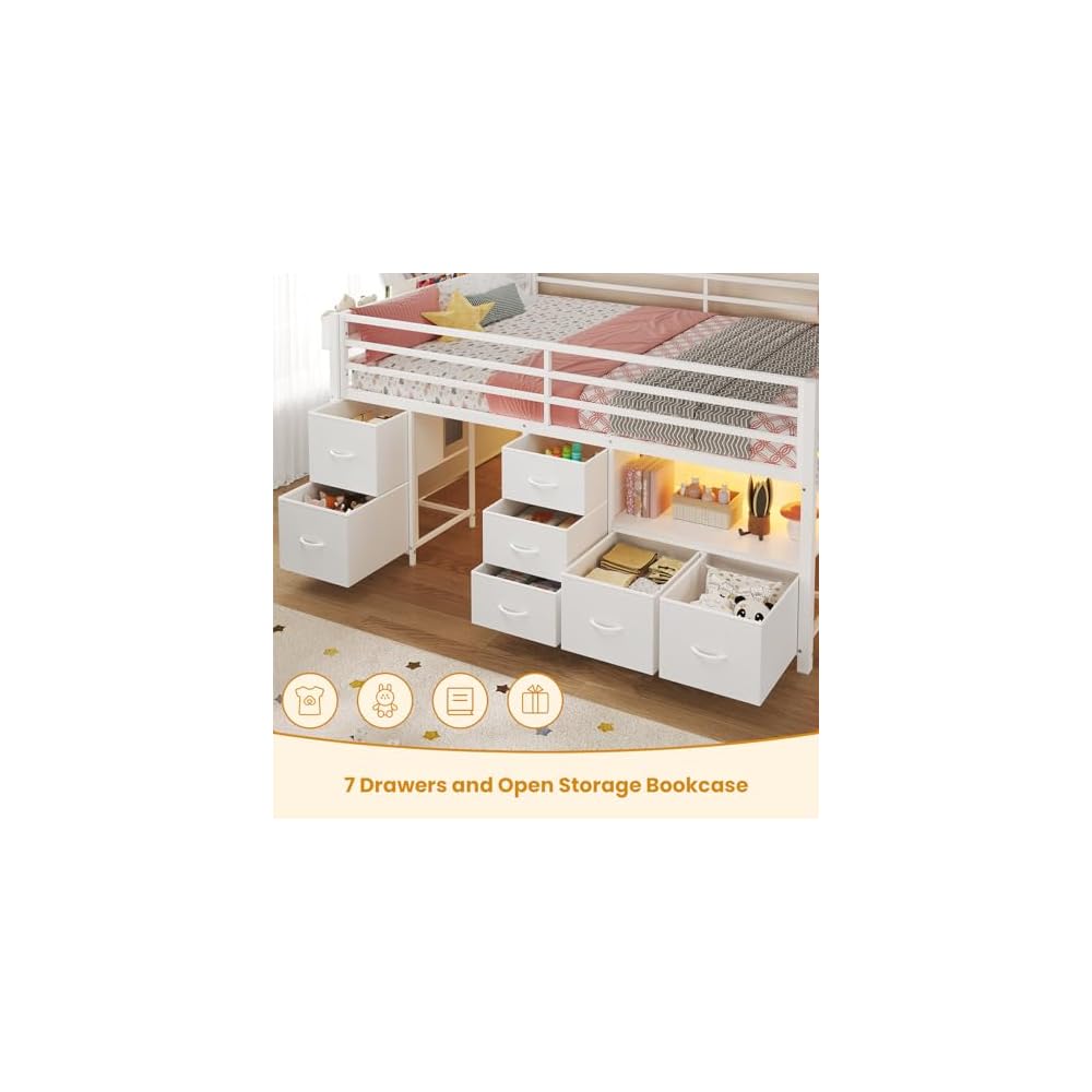 ADORNEVE Kids Low Loft Bed Full with 7 Drawers, Bookcase, Safety Guardrail