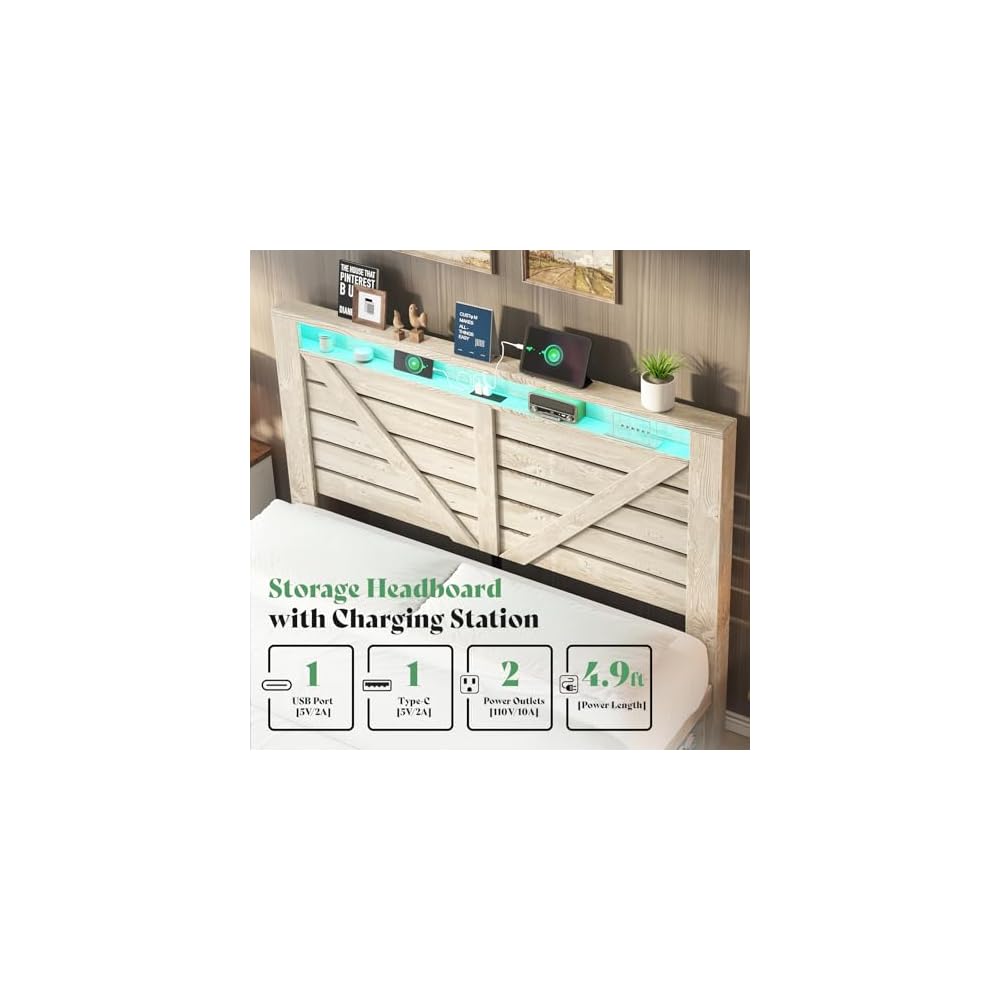 AMERLIFE Queen Farmhouse Bed Frame with 4 Drawers & Open Storage