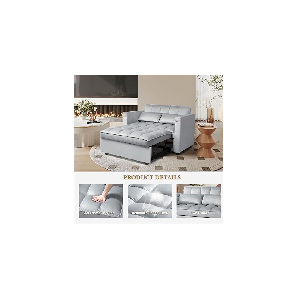 ORRD Convertible Sofa Bed,3-in-1 Multi-Functional Velvet Sleeper Couch Pull-Out 48'' Loveseat Bed Chaise Lounge with Adjustable Backrest and Pillows,Hidden Side Table for Living Room,Small Space Grey