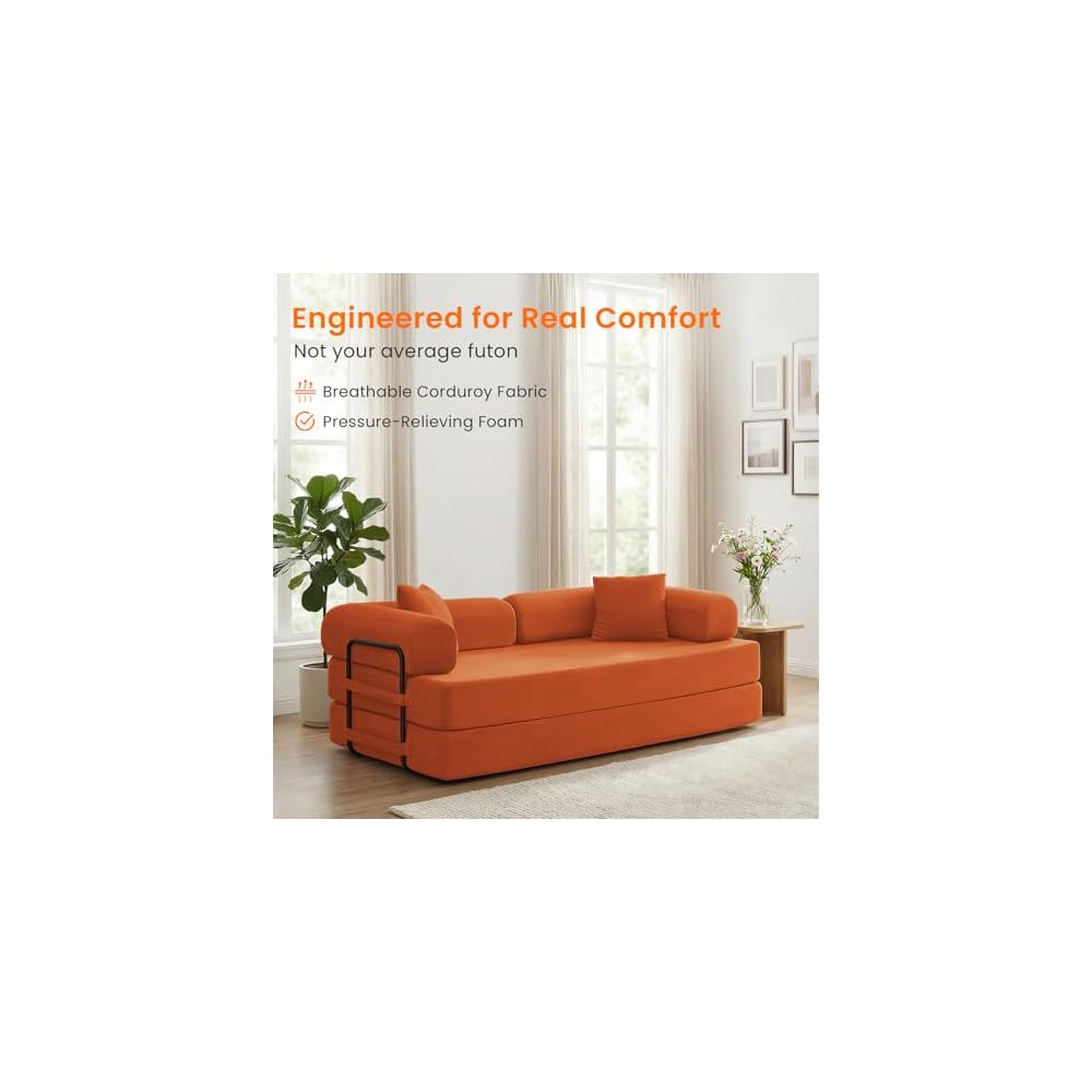 CECER Convertible Futon Sofa Bed, Corduroy Sleeper Couch with Steel Frame