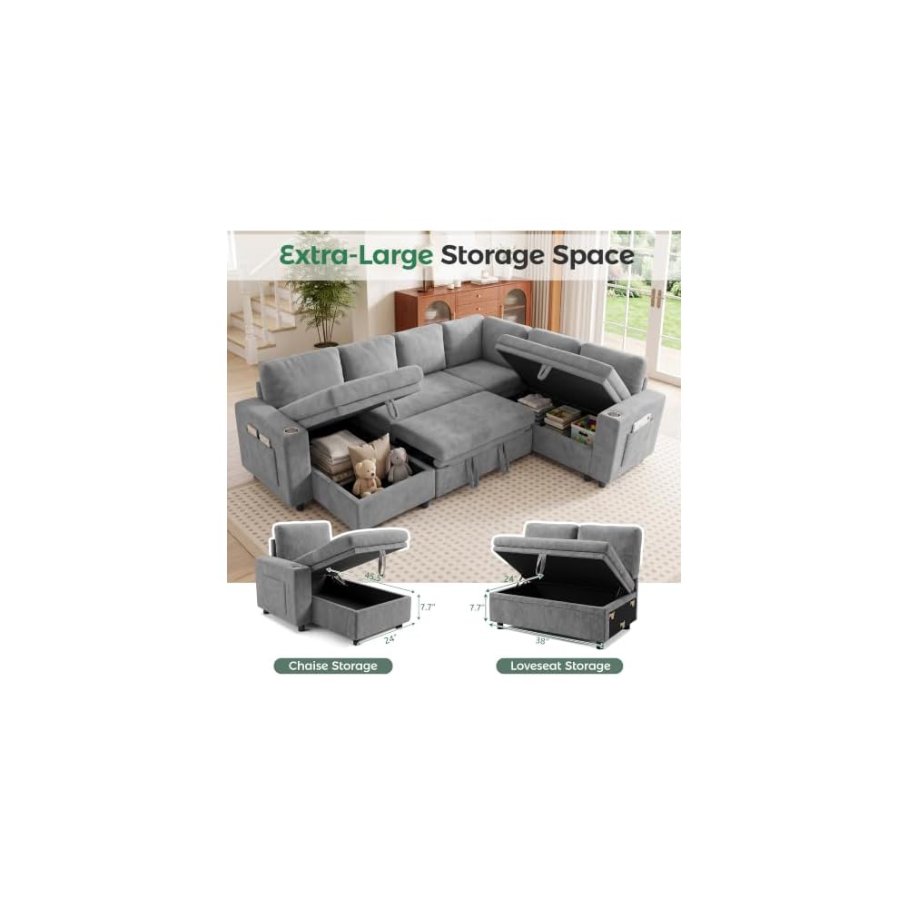 L-Shaped Sectional Sleeper Sofa with Pull Out Bed, 7-Seat, Grey