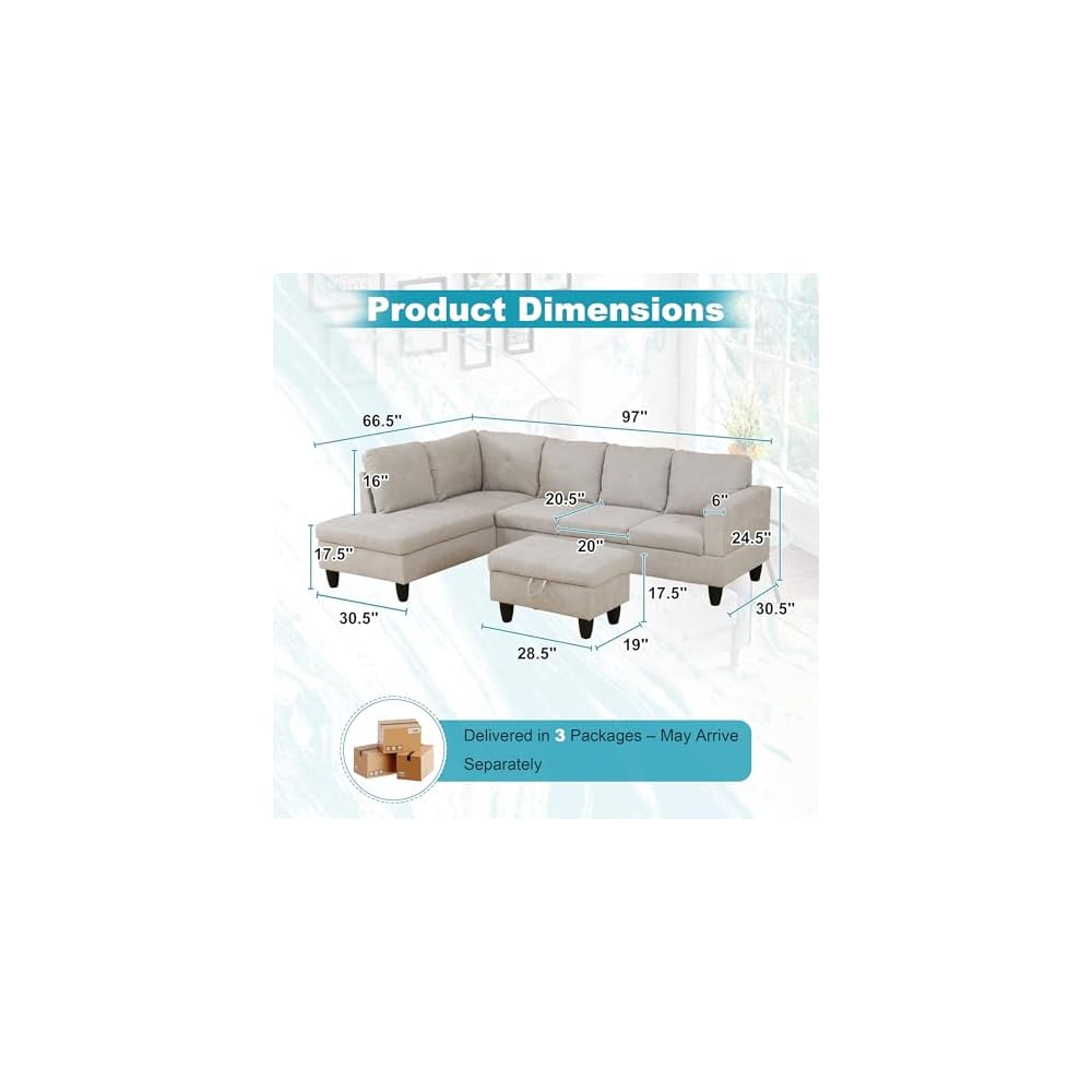 97" Oversized Sectional Couch, L Shaped Couch with Storage Ottoman, Modern Modular Sofa with Deep Seat, Sectional Couches for Living Room and Office, Off-White (Flannelette)