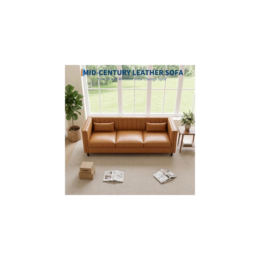 81” Tan Faux Leather Couch for Living Room