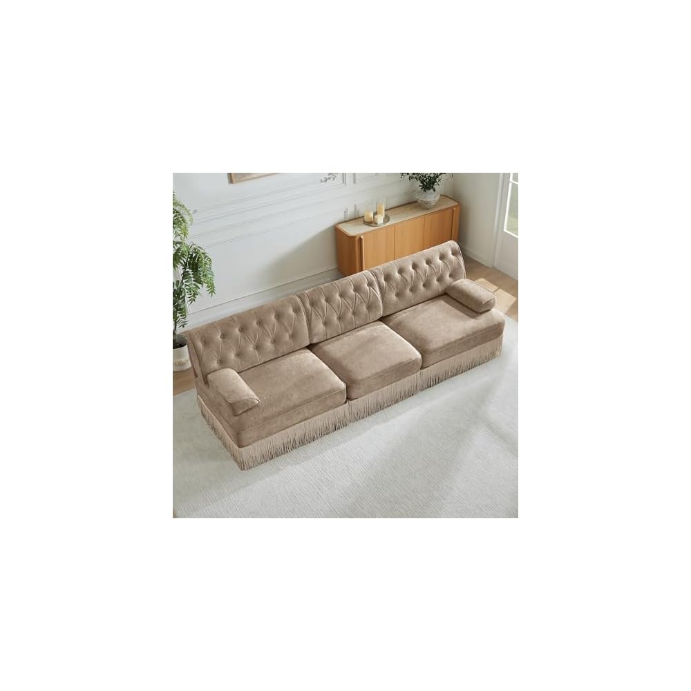 healthomse Modular Sectional Sofa Couch, Soft Velvet Fabric Chesterfield Style Sofa, Modern Button Tufted Couch with Floor-grazing Tassel Fringe Skirt, for Living Room, Bedroom (Camel, 106.1inch)