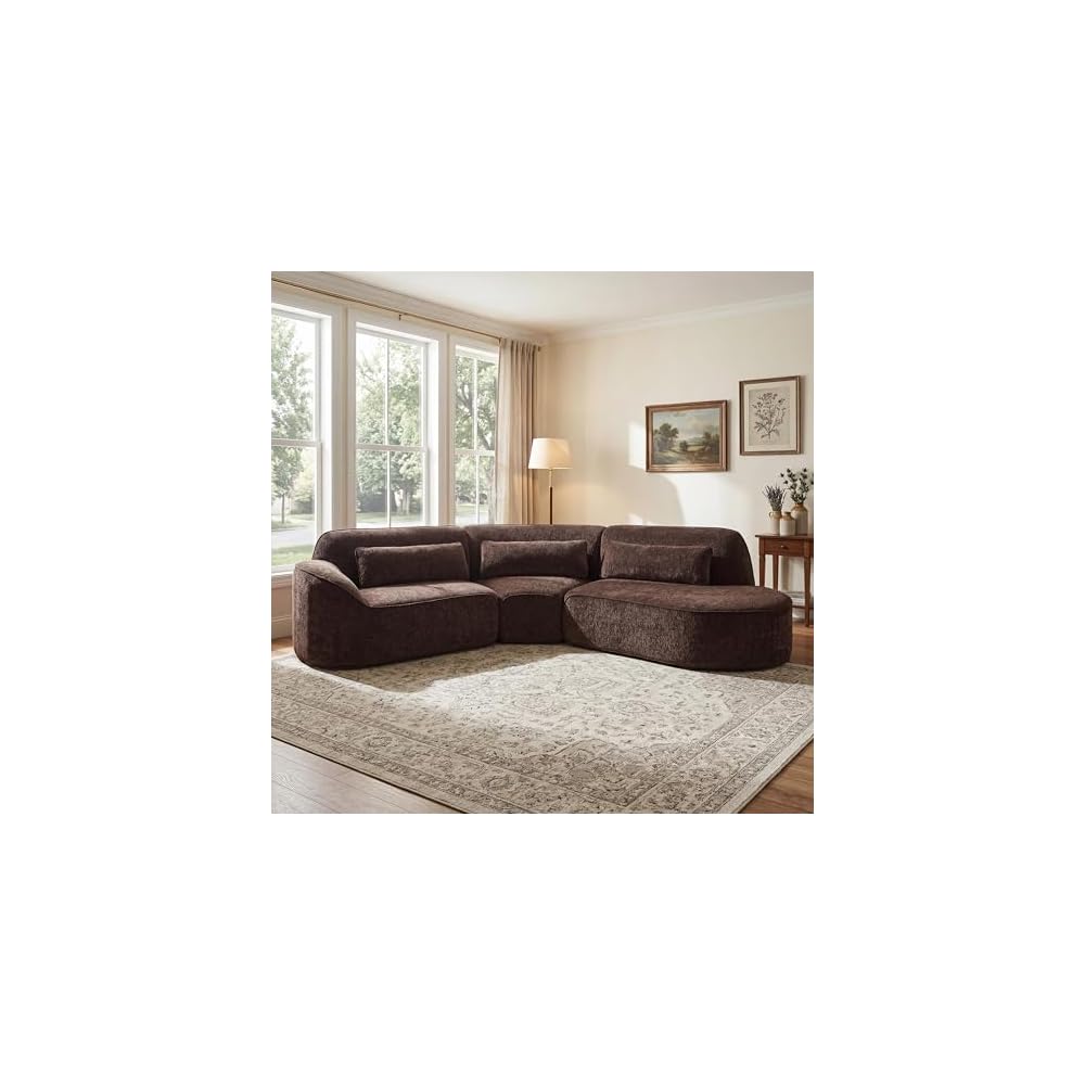 Merax 123.23" Curved Polyester Sectional Sofa Set, Modern Cloud Couch with Chaise Lounge & Right Hand Facing, High-Density Fully Compressed Sponge, Fully Assembled for Living Room, Dark Brown