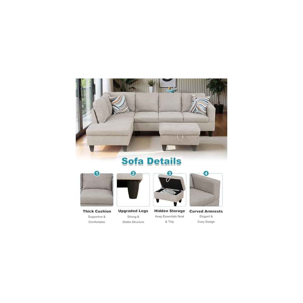 97" Oversized Sectional Couch, L Shaped Couch with Storage Ottoman, Modern Modular Sofa with Deep Seat, Sectional Couches for Living Room and Office, Off-White (Flannelette)