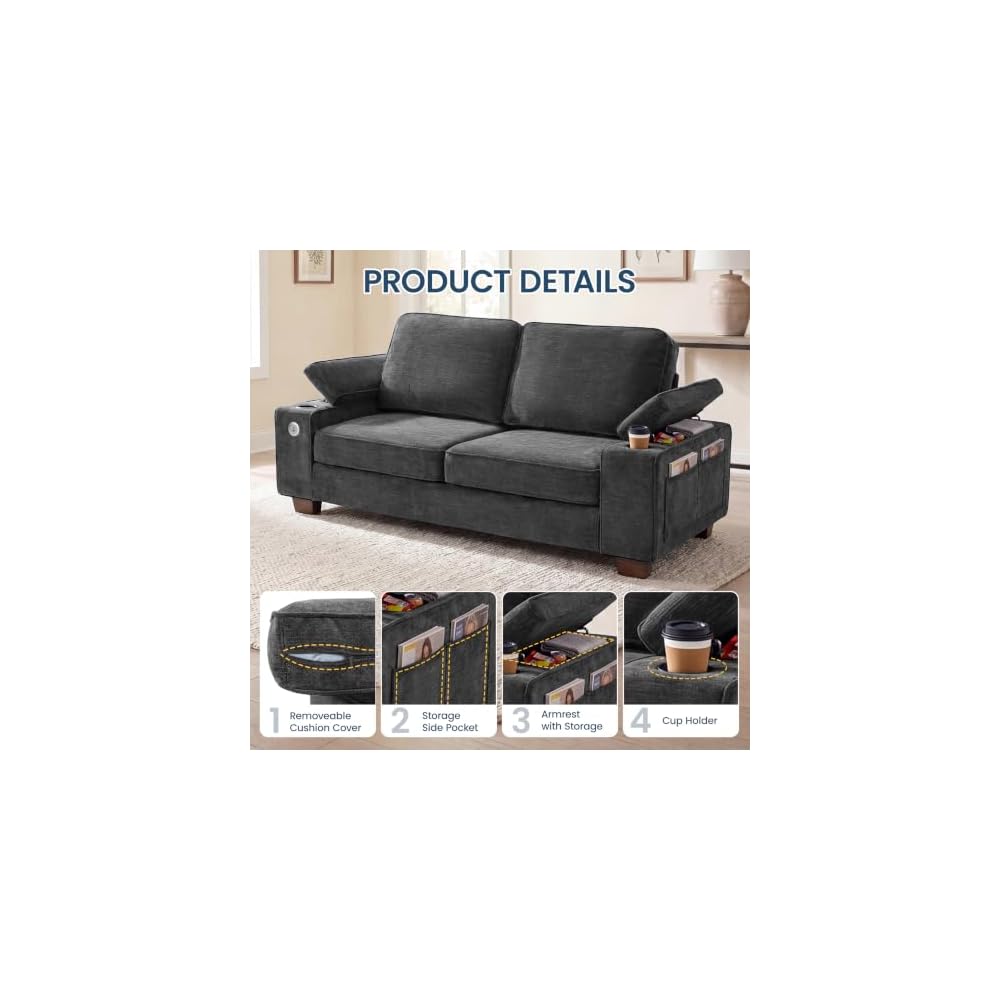 83" Couches for Living Room, Deep Seat Chenille Loveseat Sofa, Dark Grey