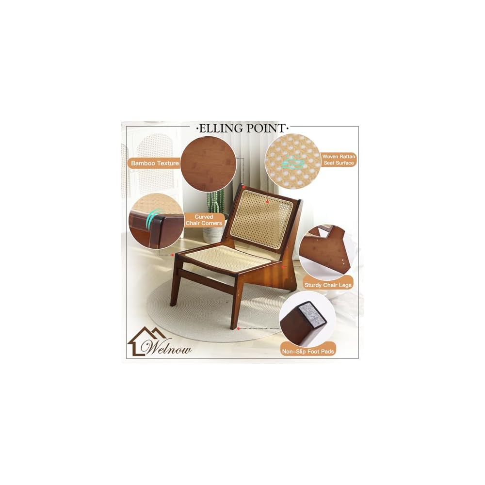 Welnow Mid Century Rattan Accent Chair with Woven Cane Backrest，Walnut