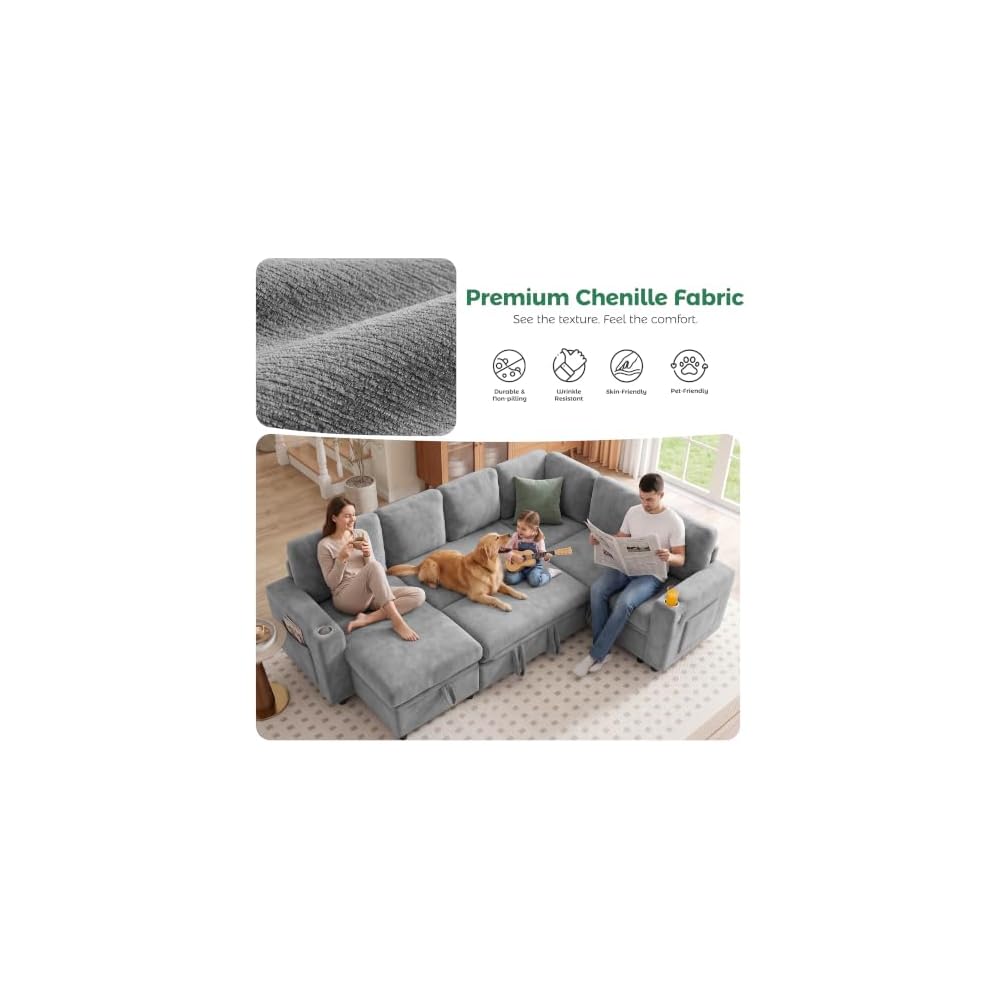 L-Shaped Sectional Sleeper Sofa with Pull Out Bed, 7-Seat, Grey