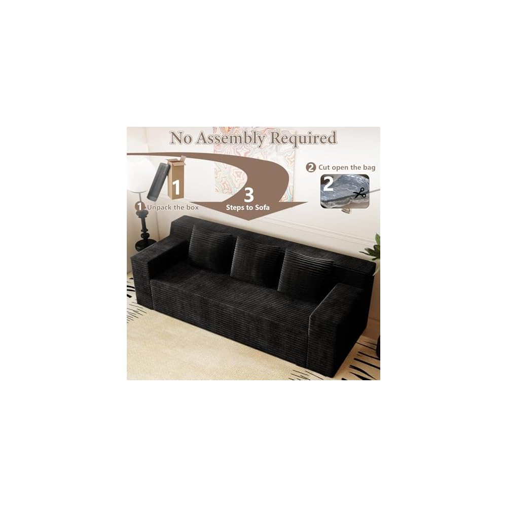 71" Cloud Corduroy Boneless Loveseat Couch in a Box, Small Boneless Couch for Living Room Memory Foam Compressed Couches Sofa with 3 Pillows & Side Pockets Wide Armrest, No Assembly Required, Black