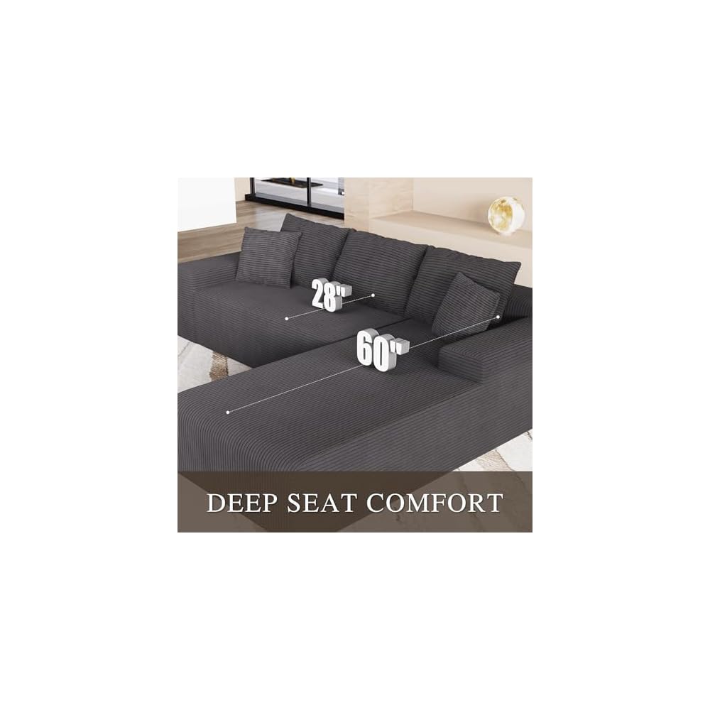 NAYA 106” Modular Sectional Sofa, Cloud Sectional Couch with Deep Seat, Modern Modular L-Shape Sofa Boneless Couch with Chaise for Living Room Bedroom (Grey, Right Facing Chaise)