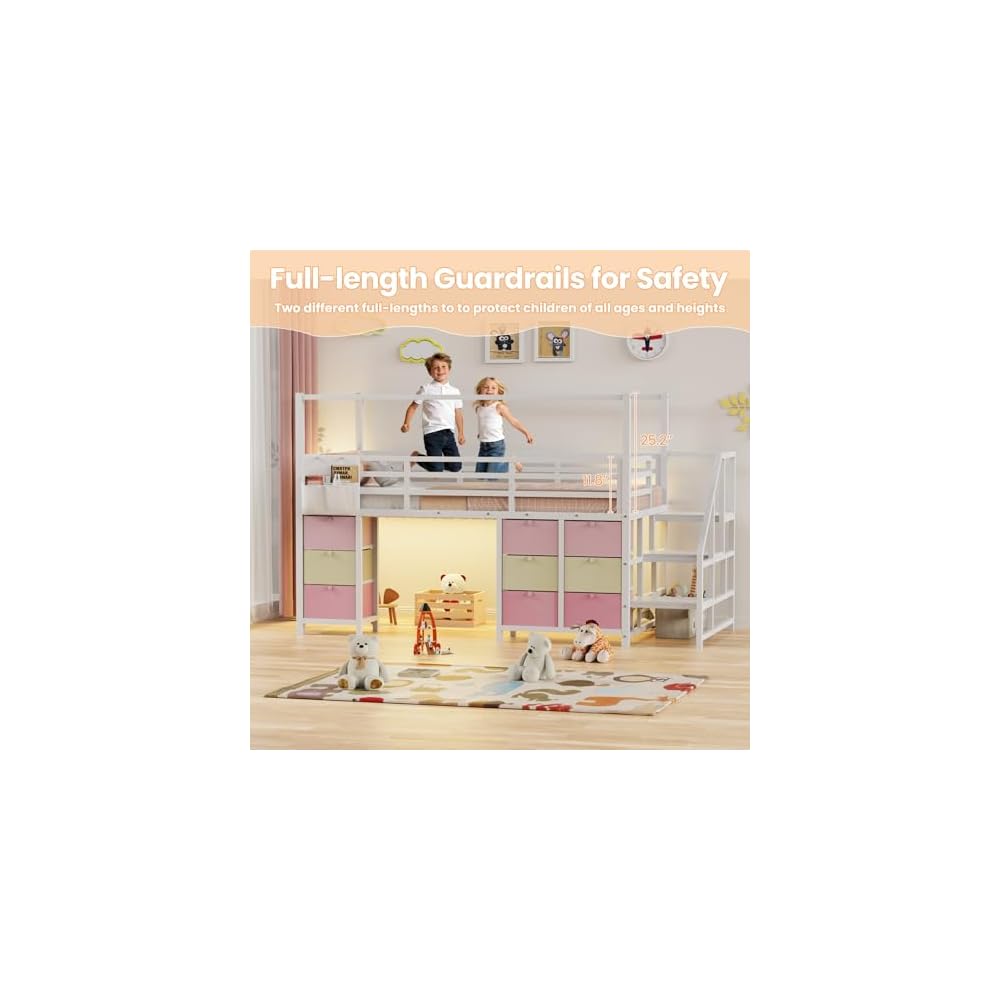 Low Loft Bed Twin Size with Stair,9 Drawers,Guardrail,LED Light,White