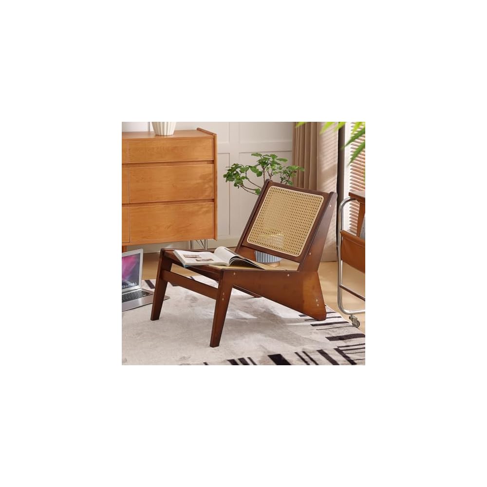 Welnow Mid Century Rattan Accent Chair with Woven Cane Backrest，Walnut