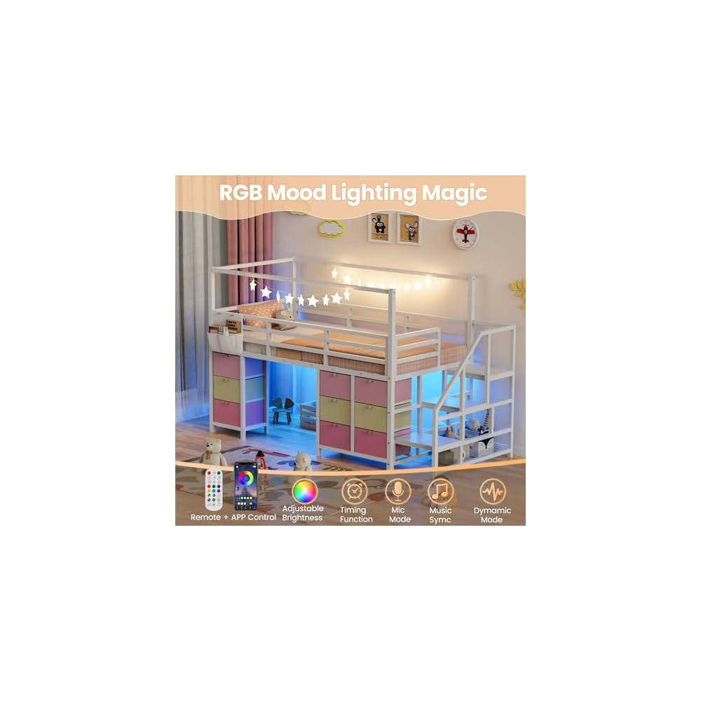 Low Loft Bed Twin Size with Stair,9 Drawers,Guardrail,LED Light,White
