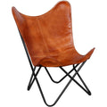 Brown Butterfly Chair-Leather-Handmade-Foldable, Solid Iron Frame-Industrial Lounge Chair
