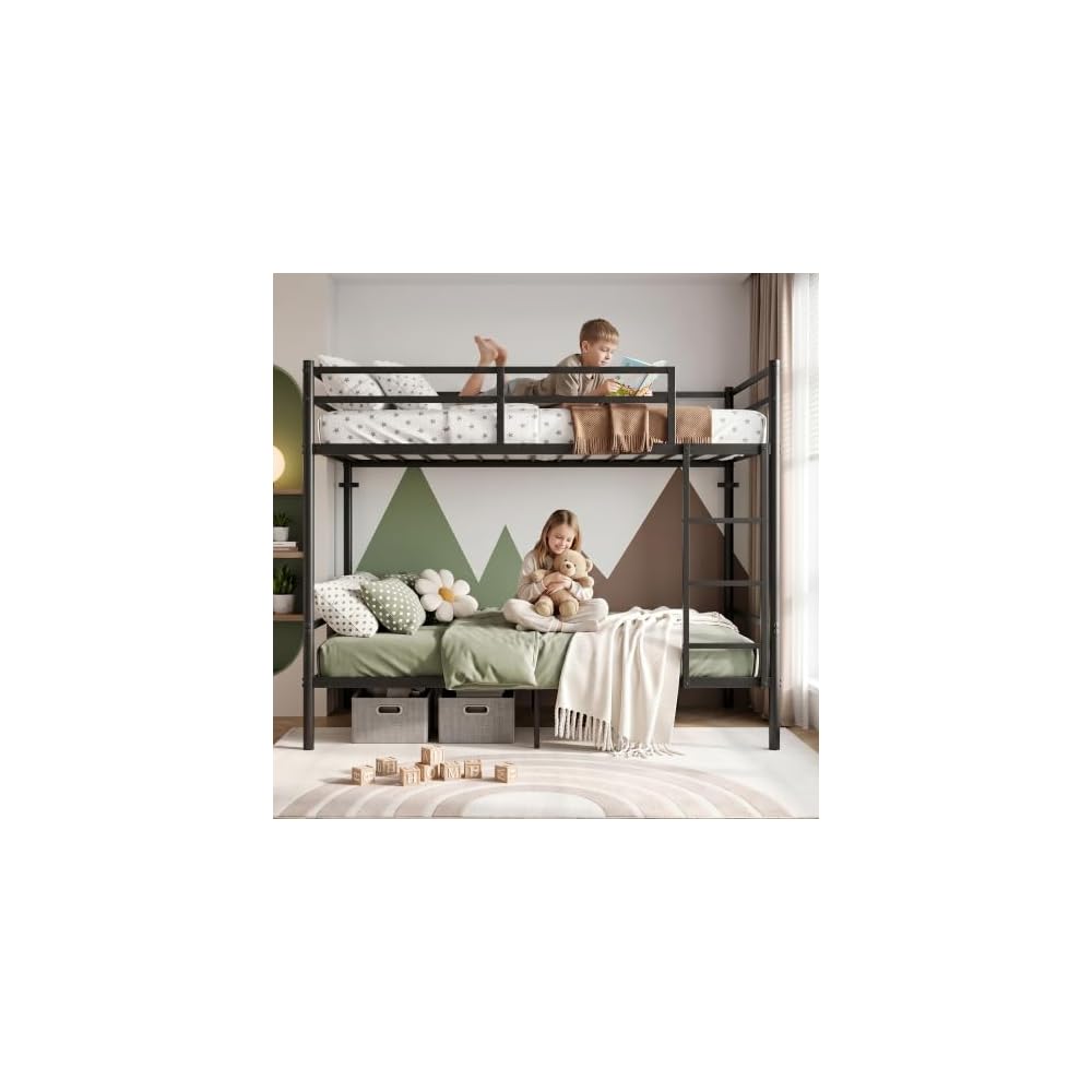 Metal Bunk Bed Twin Over Twin for Kids and Teens, Noise-Free Design, Black