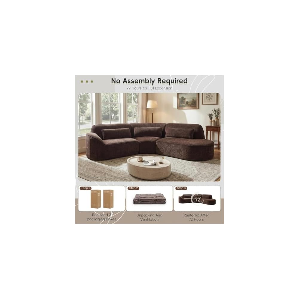 Merax 123.23" Curved Polyester Sectional Sofa Set, Modern Cloud Couch with Chaise Lounge & Right Hand Facing, High-Density Fully Compressed Sponge, Fully Assembled for Living Room, Dark Brown