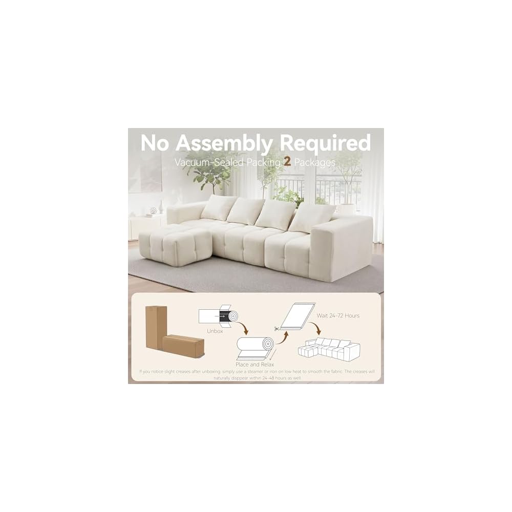 119" Oversized Cloud Boneless Couches for Living Room, Modern Tufted Modular Sectional Sofa with Deep Seat & Movable Ottoman, L Shaped Memory Foam Chenille Couch, No Assembly Required, Beige