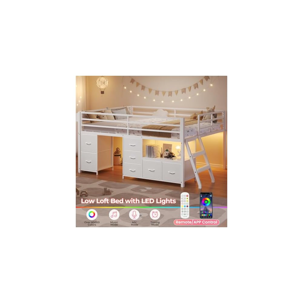ADORNEVE Kids Low Loft Bed Full with 7 Drawers, Bookcase, Safety Guardrail
