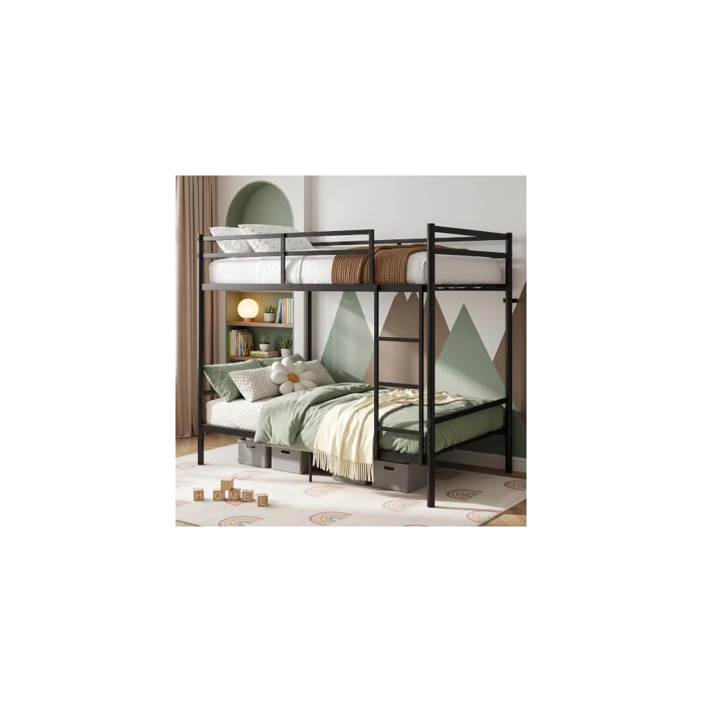 Metal Bunk Bed Twin Over Twin for Kids and Teens, Noise-Free Design, Black