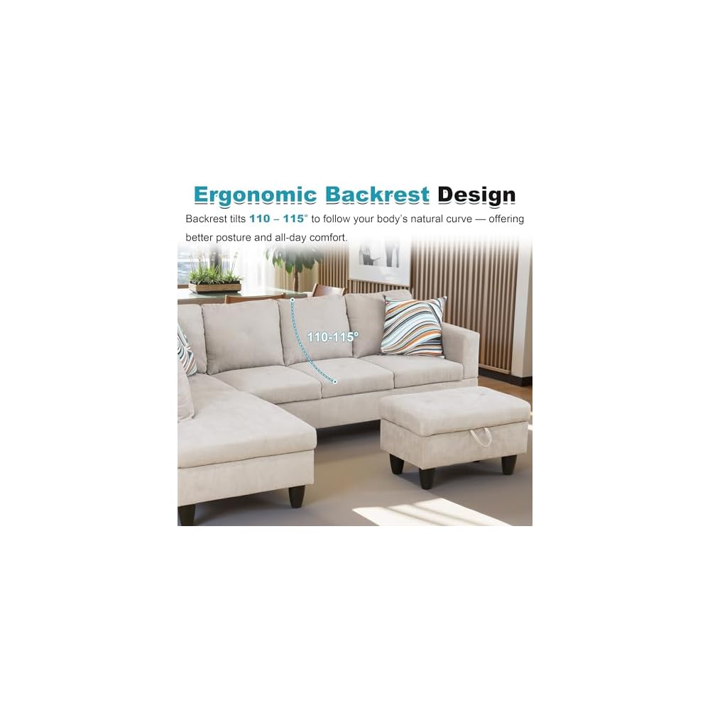 97" Oversized Sectional Couch, L Shaped Couch with Storage Ottoman, Modern Modular Sofa with Deep Seat, Sectional Couches for Living Room and Office, Off-White (Flannelette)