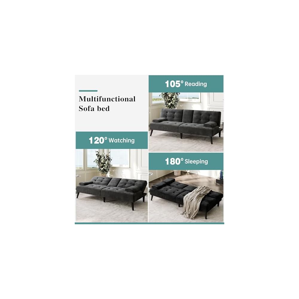 64" Futon Sofa Bed, 64" Convertible Loveseat with 2 Cup Holders, Small Couch with 3 Adjustable Angles & Removable Armrest, Sleeper Sofa for Apartment, 5.3 FT, Black