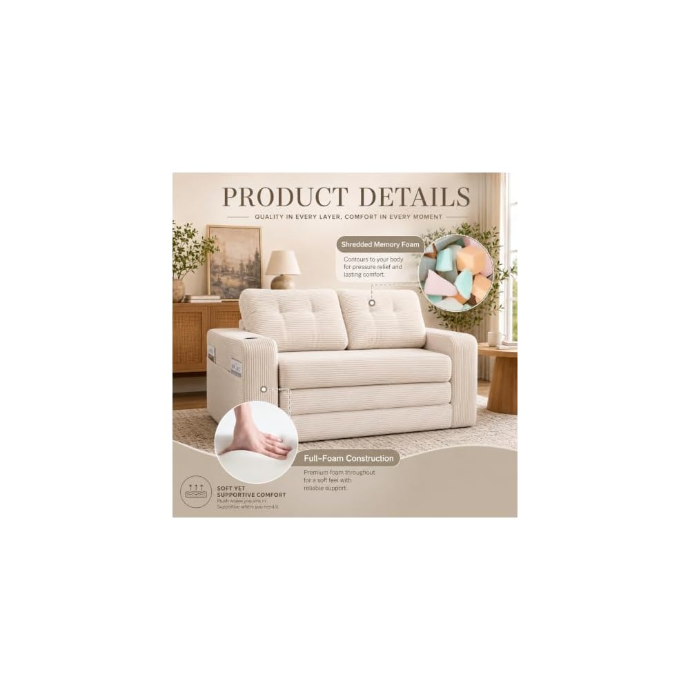 Convertible Sofa Bed, 2-in-1 Pull-Out Loveseat Sleeper with Pillows, Cup Holders and Side Pockets, Corduroy Folding Floor Couch for Small Spaces,Beige