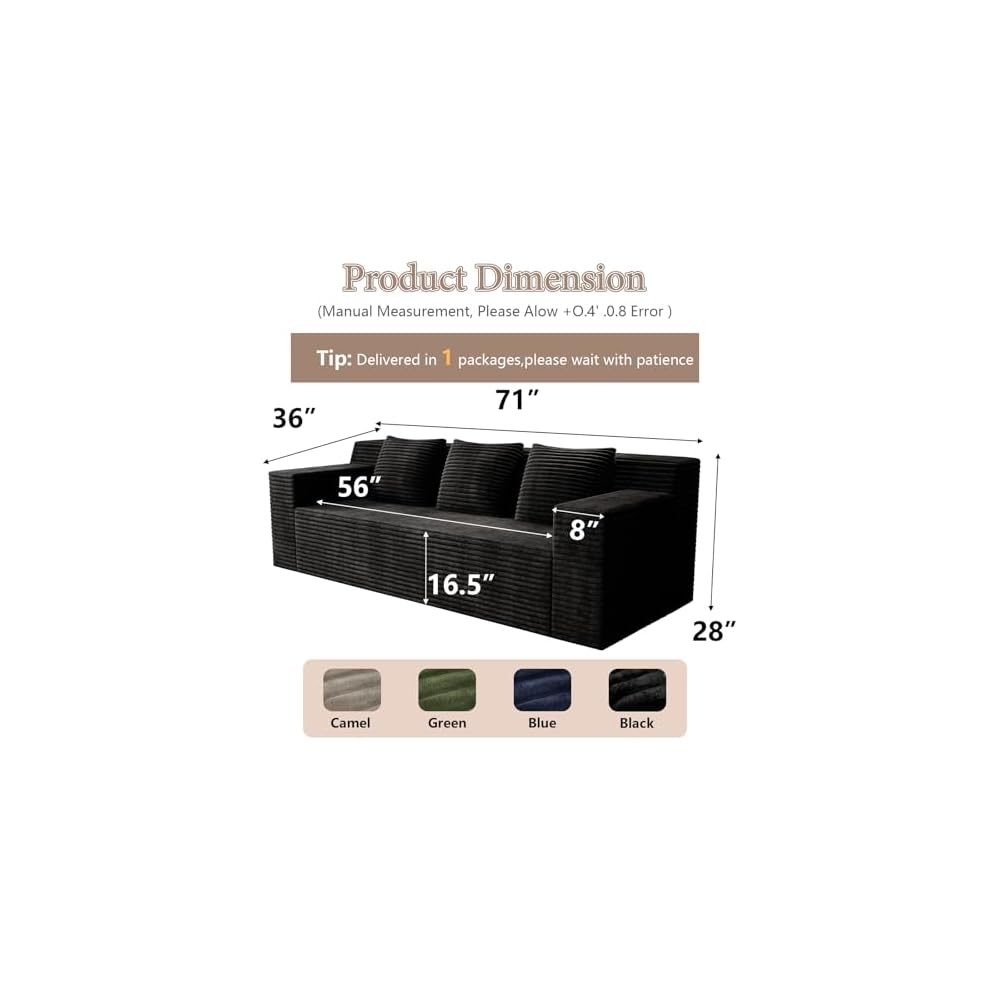 71" Cloud Corduroy Boneless Loveseat Couch in a Box, Small Boneless Couch for Living Room Memory Foam Compressed Couches Sofa with 3 Pillows & Side Pockets Wide Armrest, No Assembly Required, Black