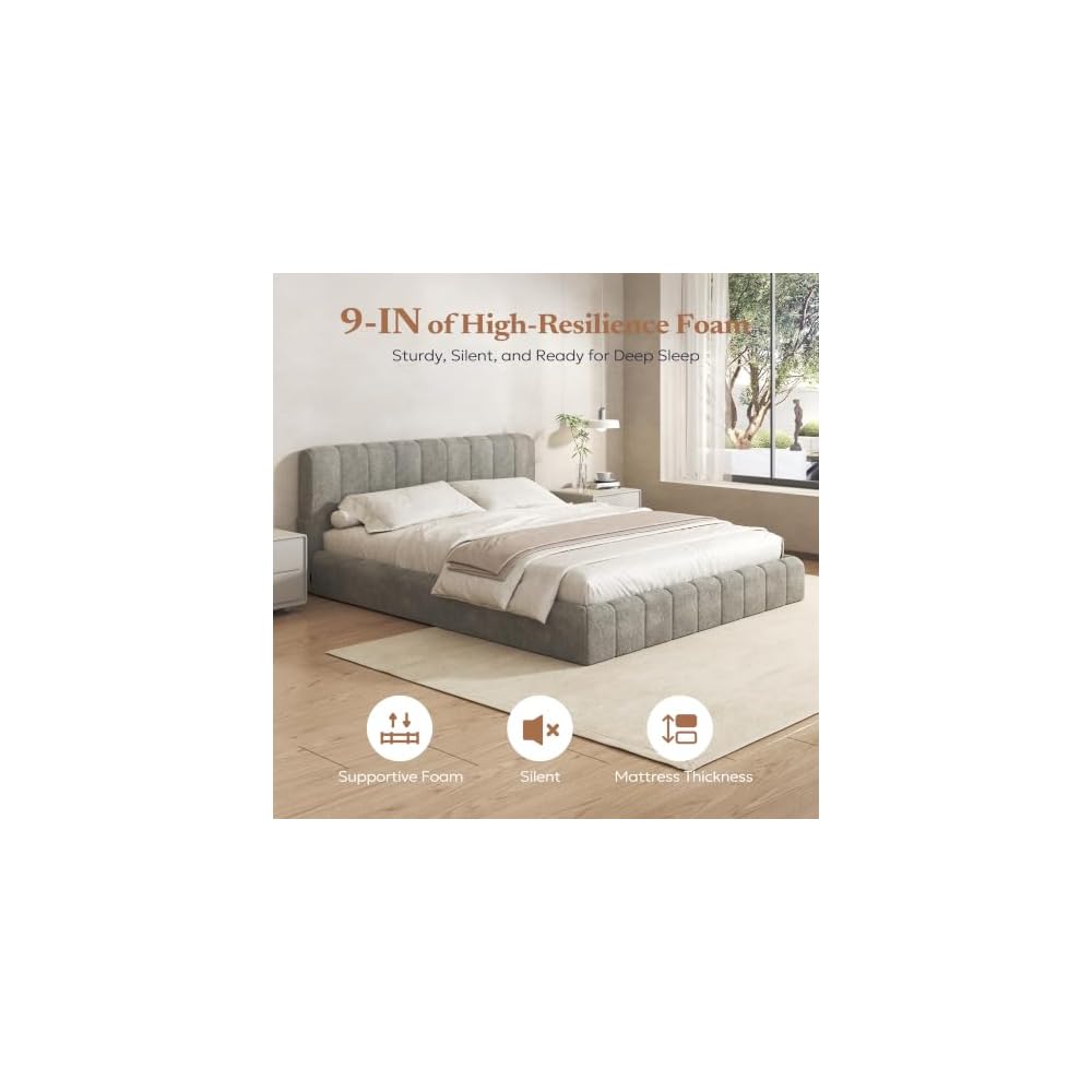 Furnify Full Cloud Bed Frame, Boneless Cushioned Foam Bed with Plush Fabric